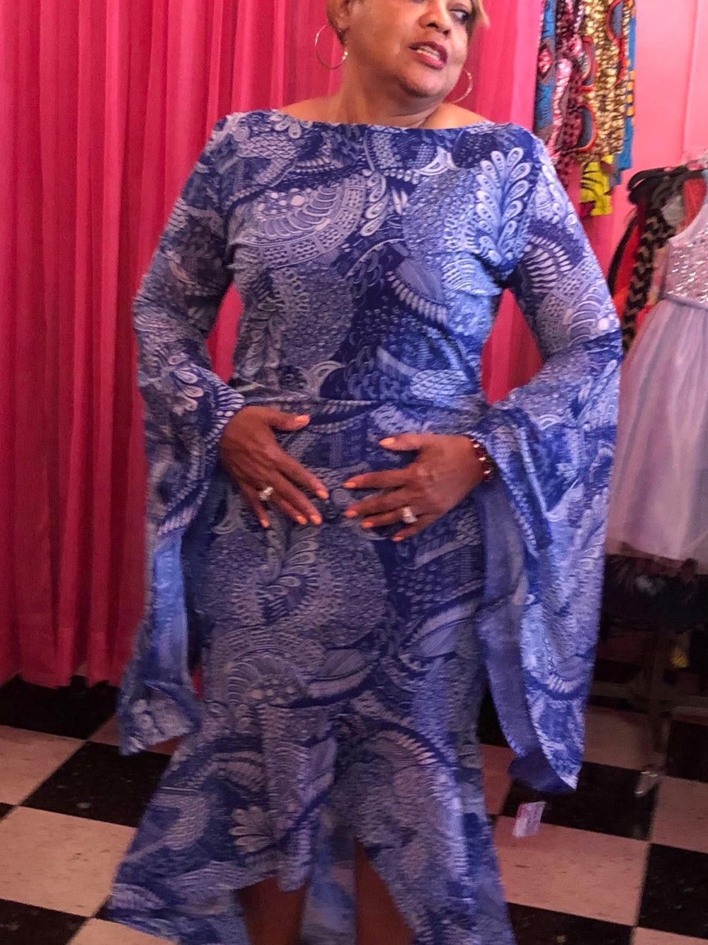 Blue or Pink Paisley Bell-Sleeve High-Low Dress